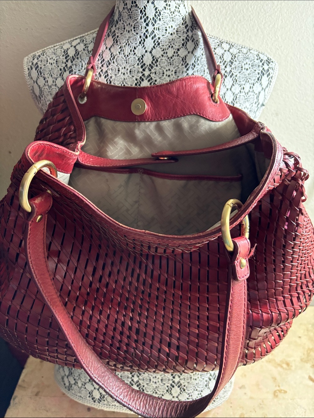 Cole Haan Red Wooven Bag 2-Strap Lined Purse